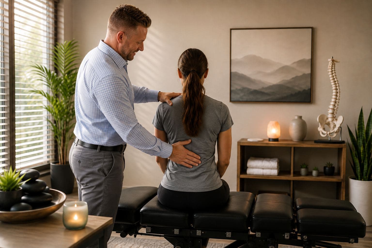 Chiropractor evaluating a patient's spine at Elevate Wellness Chiropractic